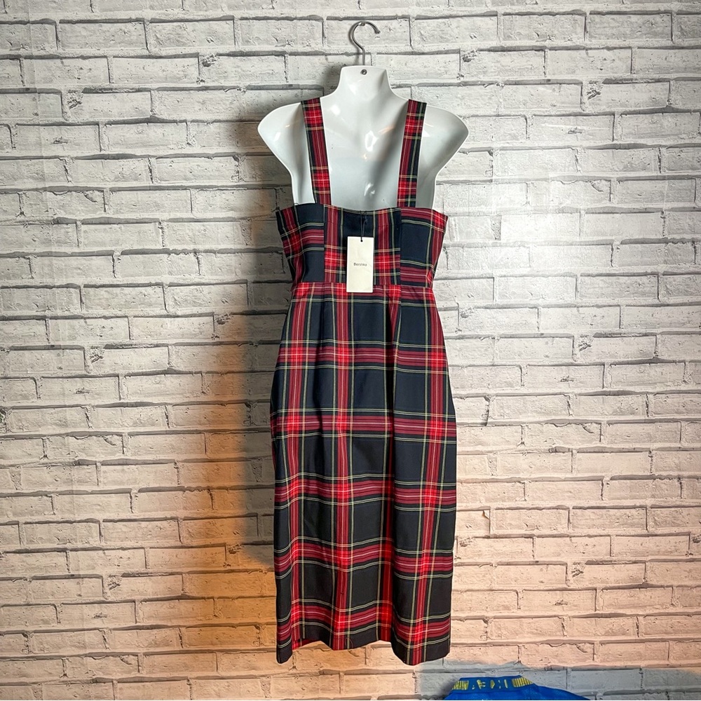 BNWT Bershka Tartan Check Dark Academia Midi Pinafore Wiggle Pencil Dress M / 10 - Picture 3 of 5